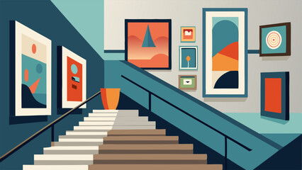 A gallery wall in the stairwell showcases a mix of art pieces in various styles and frames creating a dynamic and visually stimulating display.