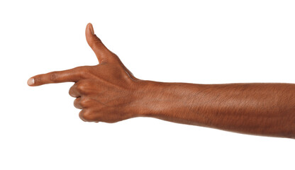 African-american man pointing at something on white background, closeup