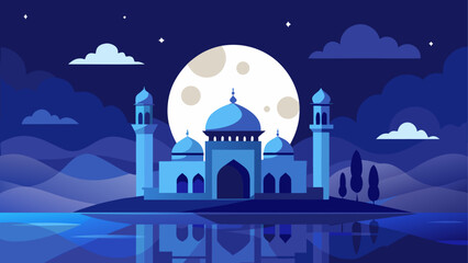 Mosque silhouette under moonlight at night on transparent background