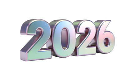 Year 2026 iridescent typography 3d rendered isolated on transparent background