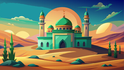 Cartoon mosque in desert landscape scene on transparent background
