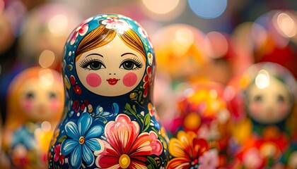 Close-up of a hand-painted wooden doll with others blurred