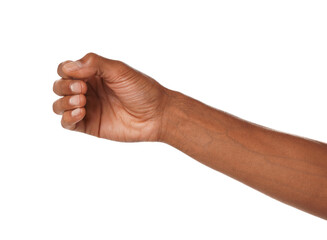 African-American man holding something on white background, closeup