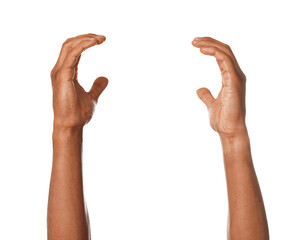 African-American man holding something on white background, closeup