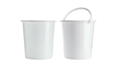 Two identical white buckets against a black background, one with a handle arched upwards