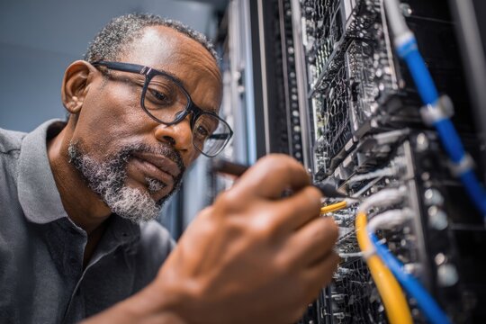 african american it professional working in a data center - Powered by Adobe