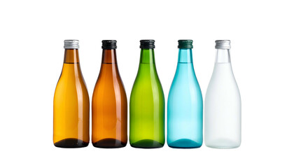 Five bottles with varying colored contents in a row, against a dark background