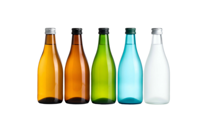 Five bottles with varying colored contents in a row, against a dark background