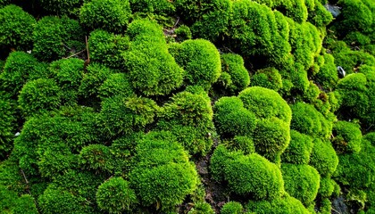 Dense green moss covering natural surface forming soft abstract organic texture background
