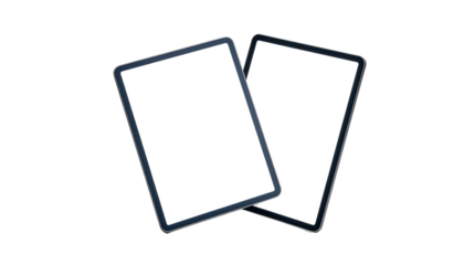 Two blank rectangular devices overlapping slightly, featuring a dark frame, isolated on black