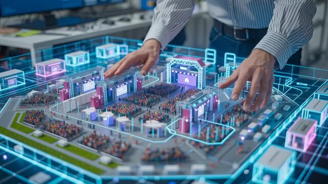 Event Planner Designing a Festival Layout. event planner hands arranging a detailed 3D holographic model of a large-scale event, such as a music festival or a trade show. The hologram shows stages