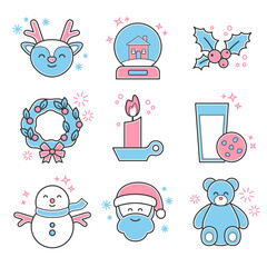 Christmas icon set. Color red and blue. Deer, snow globe, christmas wreath, candle, milk, snowman, Santa Claus, bear.   A collection of high-quality holiday pictograms in a modern flat style