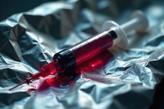 A stark close-up image depicting a syringe filled with a dark, viscous liquid, resting on a crumpled foil; conveying the harsh reality of heroin addiction , destructive, pain, injection