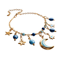 Golden celestial charm bracelet featuring moon stars and blue bead charms isolated on transparent background