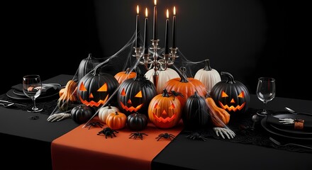 Halloween-Themed Table Setting with Orange and Black Decorations: A Concept of Festive Dining, Holiday Party Decor, and Seasonal Entertaining