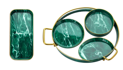 Two decorative trays one rectangular, one with three marble-look dishes, gold trim