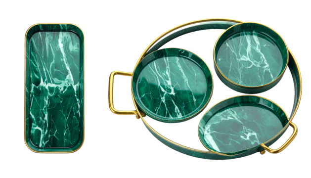 Two decorative trays one rectangular, one with three marble-look dishes, gold trim