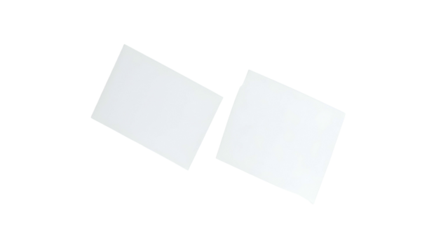 Two angled, white rectangular cards hover against a stark black background