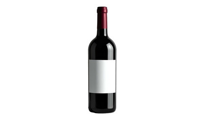 A tall bottle of deep red liquid with a blank white label against a black background