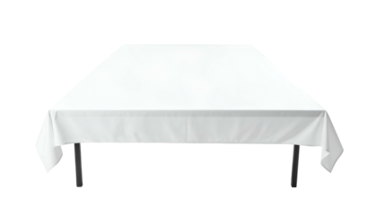 A rectangular table draped with a crisp white tablecloth, legs visible, isolated on black