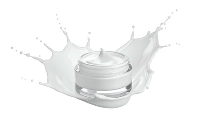 A jar of white cream sits in a milk-like splash against a black backdrop