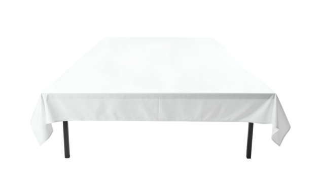 A rectangular table draped with a crisp white tablecloth, legs visible, isolated on black