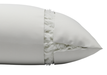 Extreme close-up of a pristine, white linen pillow, vertically cut revealing billowy transparent down feathers on transparent background. Concept of soft comfort and luxury