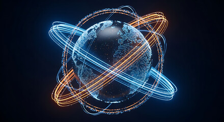 Futuristic visualization of a digital Earth with glowing orbital rings representing global data networks, communication, and technology