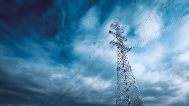A solitary electrical transmission tower stands against a dramatic moody sky filled with dark and light clouds