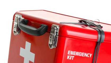 Red metal first aid kit with white cross, handle, latches, and "EMERGENCY KIT" on side