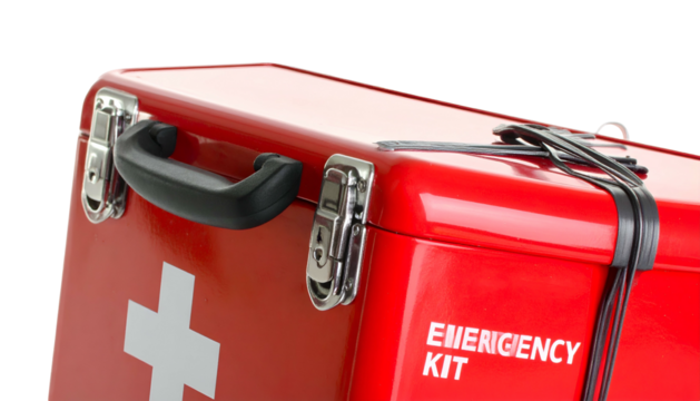 Red metal first aid kit with white cross, handle, latches, and "EMERGENCY KIT" on side