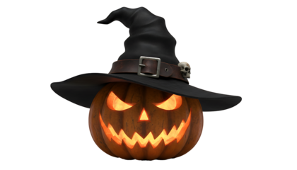A sinister, glowing jack-o'-lantern with a menacing grin wears a pointy black witch hat with a skull buckle, isolated on a white background for a spooky Halloween.