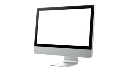 A desktop computer monitor with a blank white screen stands at a slight angle against a black background