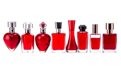 Collection of various red-colored perfume bottles with silver & black caps against black background