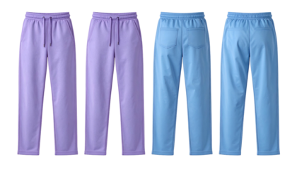 Four pairs of solid-colored sweatpants shown front and back; lavender and light blue hues