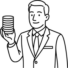 Obraz premium Businessman Holding Coin Stack Outline – Minimal Black Vector Illustration Symbolizing Finance, Investment, and Business Growth