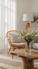 Scandinavian Living Room with Wicker Armchair and Rustic Coffee Table in Warm Natural Light 