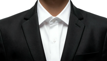 Close-up shot of a man's suit, focusing on the collar of a white shirt and black jacket