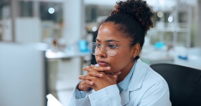 Medical research, computer and woman in lab, thinking and pharmaceutical development with results. Person, scientist and employee with biotech, innovation and problem solving with app, decision or pc