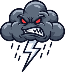 Cartoon Angry Storm Cloud with Lightning Bolt and Rain - Weather Illustration