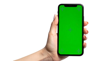 A hand holds a phone with a green screen against a black background