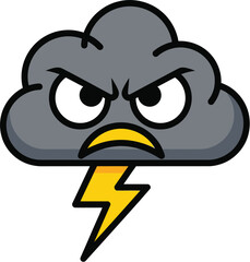 Bold illustration of an intensely angry storm cloud featuring a vibrant lightning bolt, conveying powerful natural forces, turbulent weather, and emotional intensity