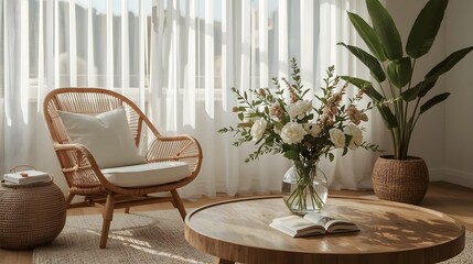 Scandinavian Living Room with Wicker Armchair and Rustic Coffee Table in Warm Natural Light