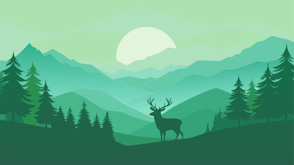 Deer silhouette in a green mountainscape