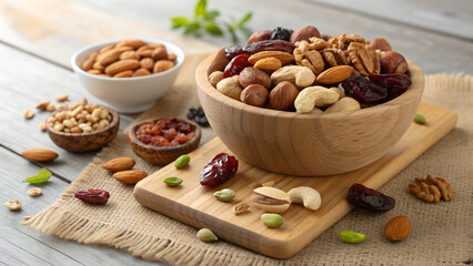 Assorted Dry Fruits in Wooden Bowl