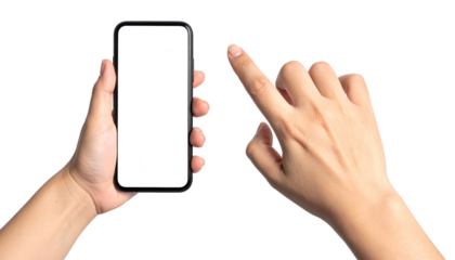 A hand holds a phone with a blank white screen while another hand points at it