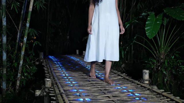 A person walks barefoot on a bamboo bridge with blue lights through a dark forest at night.