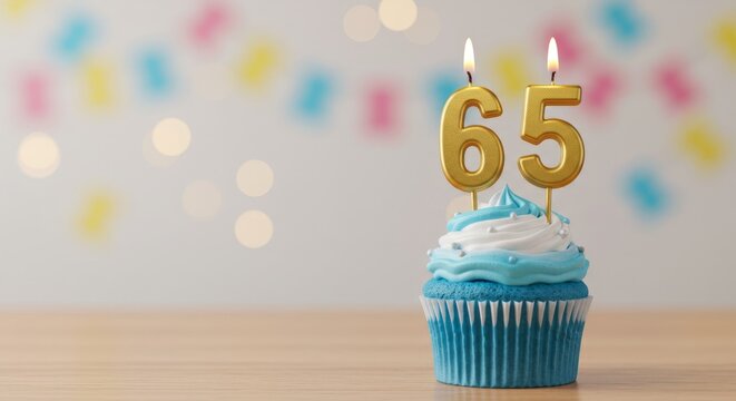 Cupcake with golden 65 candles, festive cupcake with number candles for birthday