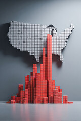 Fototapeta premium A creative representation of the United States using stacked boxes, with a rising red bar graph suggesting growth or data visualization.