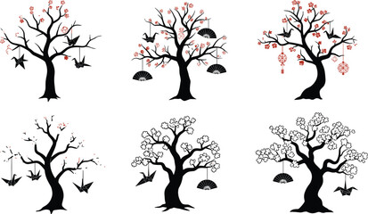 Japanese-themed tree illustrations, origami crane art, cherry blossom design, lantern and fan decor, cultural nature fusion, stylized silhouette set